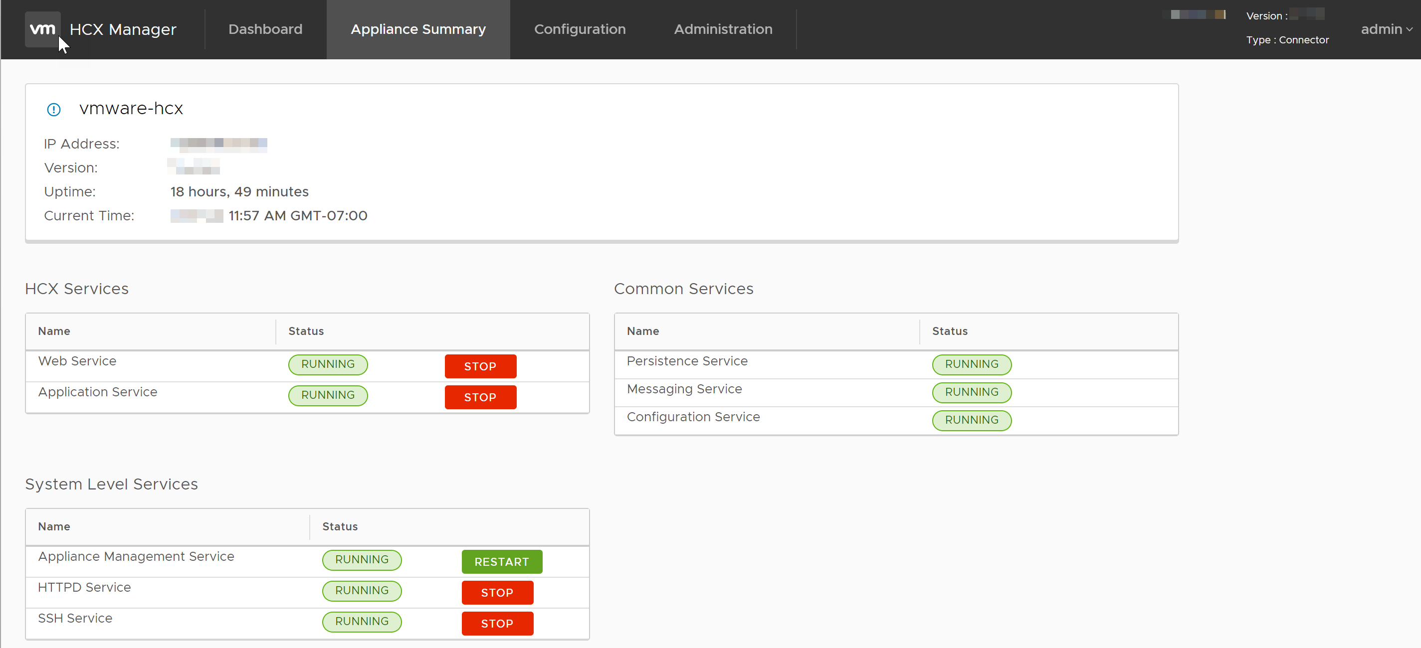 HCX Manager Appliance Summary: HCX Services (Web and Application), System Level Services (Appliance Management, HTTPD, and SSH), and service status.