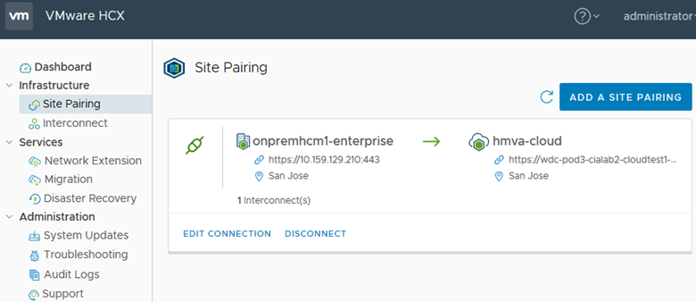 Shows the HCX Manager UI with Site Pairing option selected. The Add a Site Pairing button is at the upper right of the display.