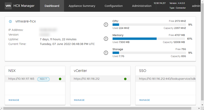 Appliance Management Dashboard: CPU, Memory, and Storage usage at right. Version and uptime at left. NSX, vCenter, and SSO server URLs at bottom.