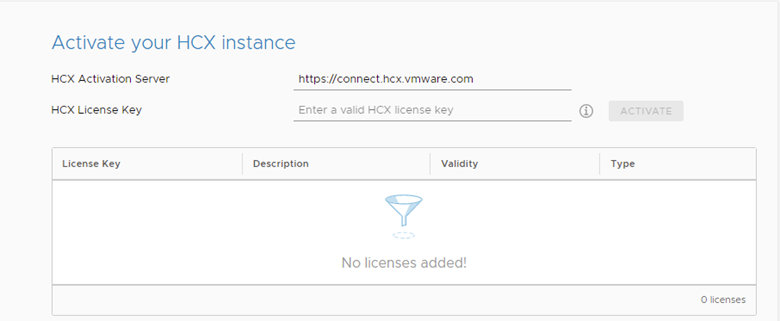 Activation screen displaying the Activation Server URL and a line below that for entering the HCX License Key.