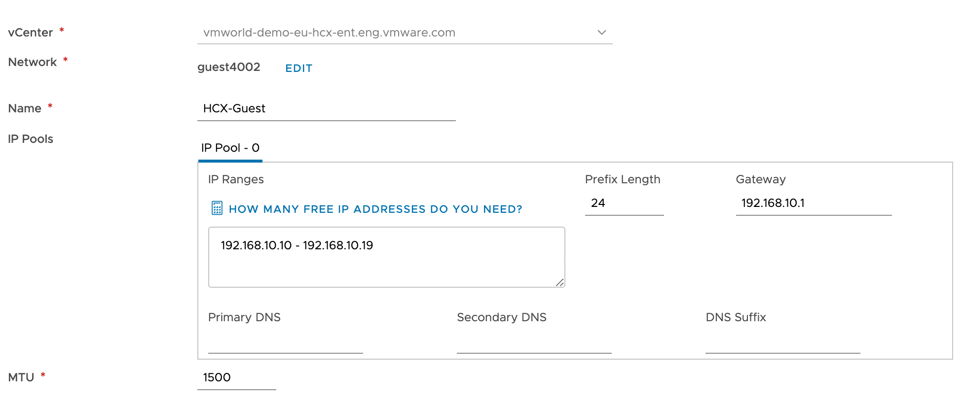 Selecting Create Network Profile opens a window for adding the network profile details, including vCenter IP or FQDN, Network, pool name, and MTU.