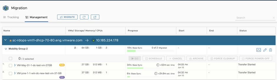 Migration Management screen showing the base sync percentage complete for each VM in the group.