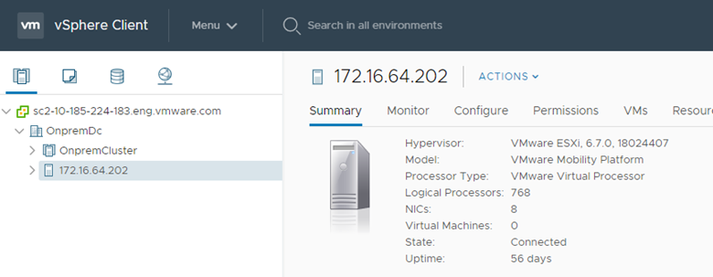 vSphere Client screen with host object selected and summary host information.