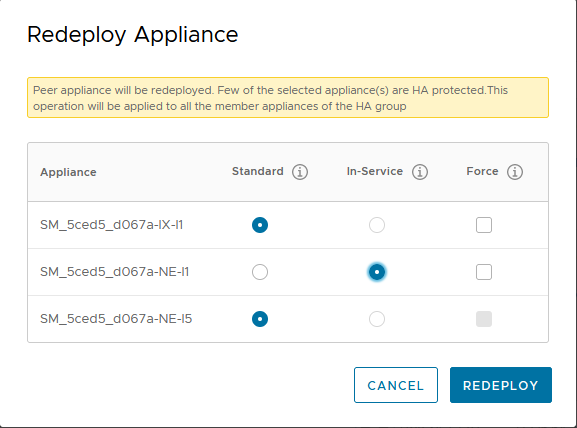 Lists appliances to redeploy with columns for selecting Standard, In-Service, and Force.