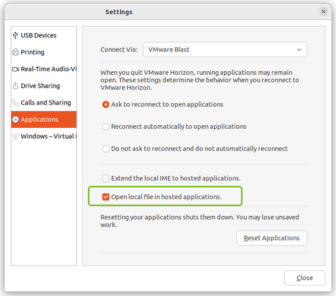 Select the "Open local file in hosted applications" option in the Applications panel of the Settings window.