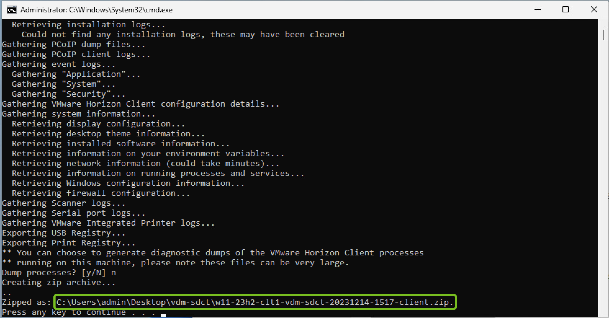 Refer to the terminal for the directory path to the packaged log file.