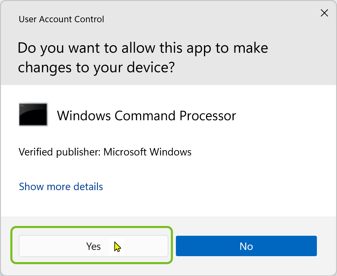 Select Yes to allow the Windows Command Processor to proceed.
