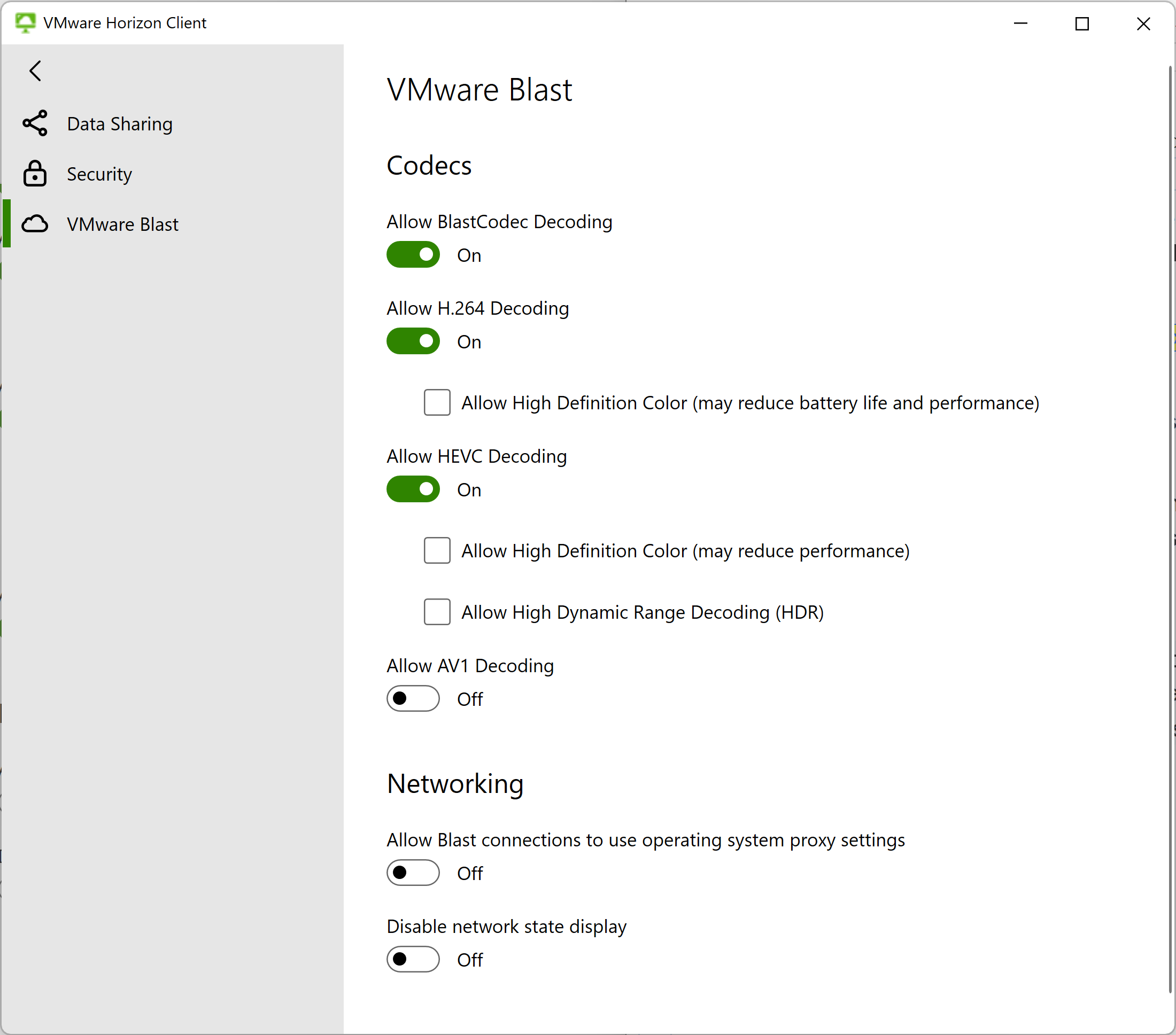 The VMware Blast settings include controls for displaying network notifications