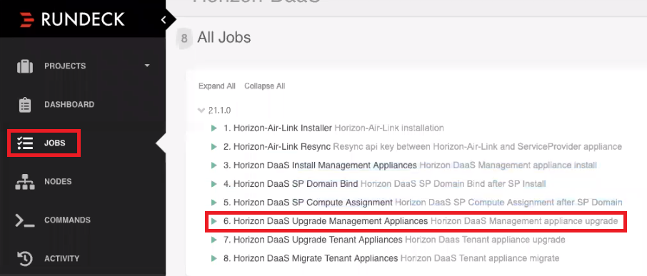 Rundeck Jobs Page Showing Horizon DaaS Upgrade Management Appliances Job