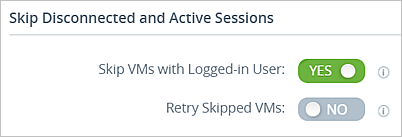 Screenshot shows the Skip VMs with Logged-In User toggle.