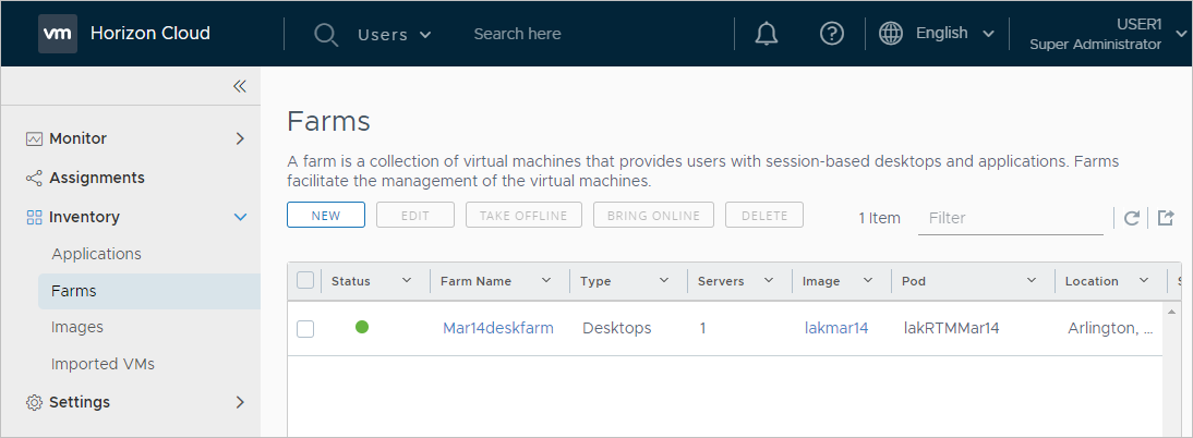 Farms page in the Administration Console