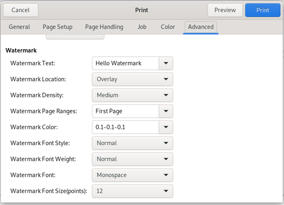 Select the Advanced tab in the print dialog box to display the watermark options.