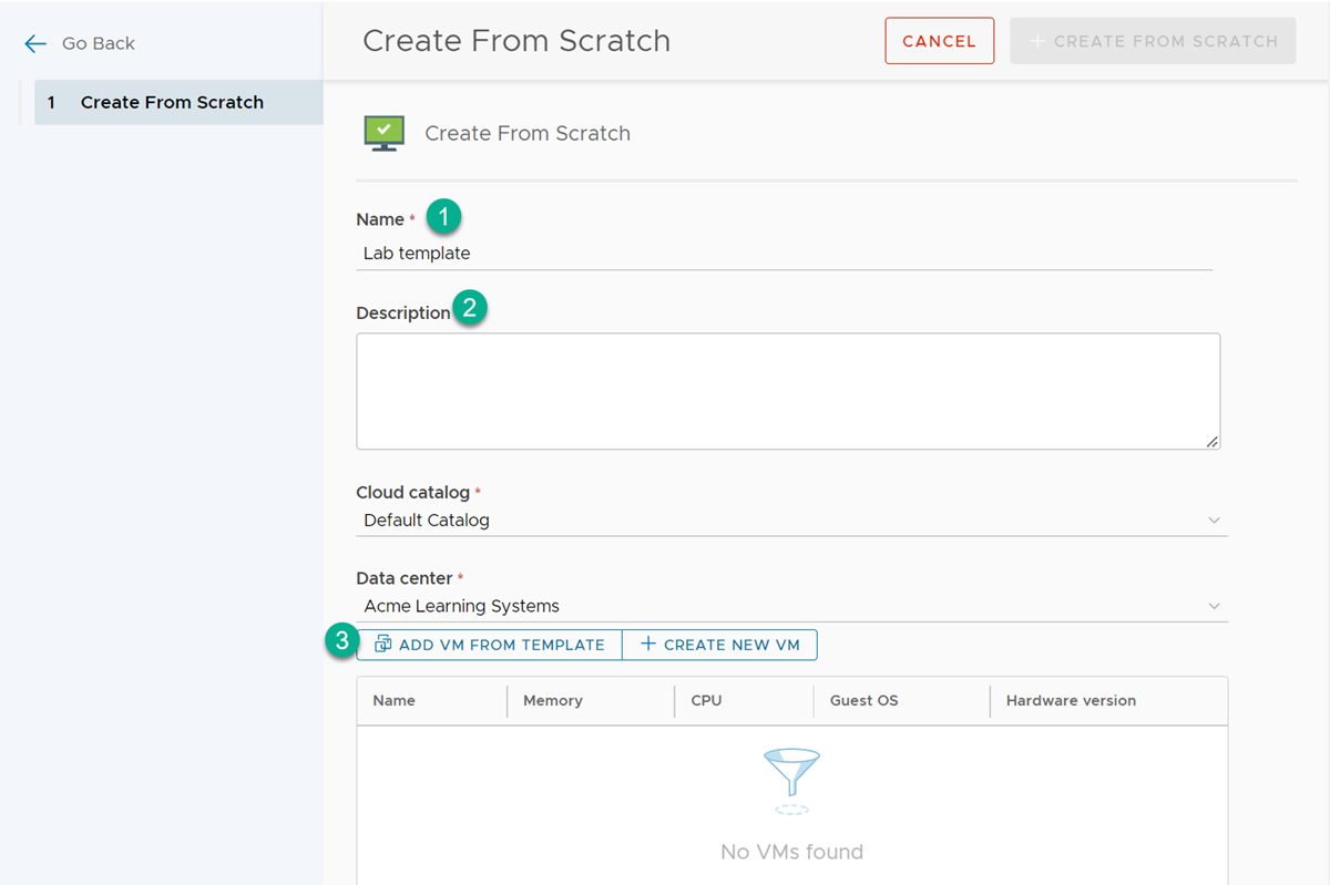 The Create from scratch page user interface.