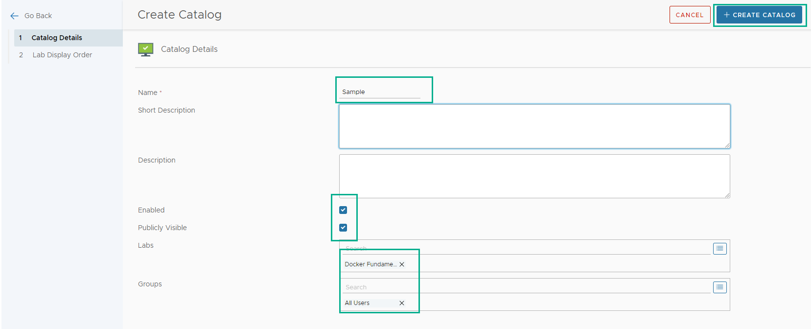 The Create Catalog page to create a catalog for a lab.