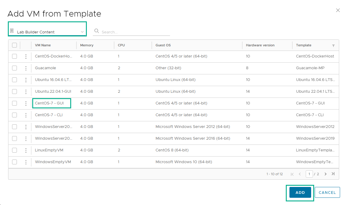 Add VM from Template screen to add VMs for a template.