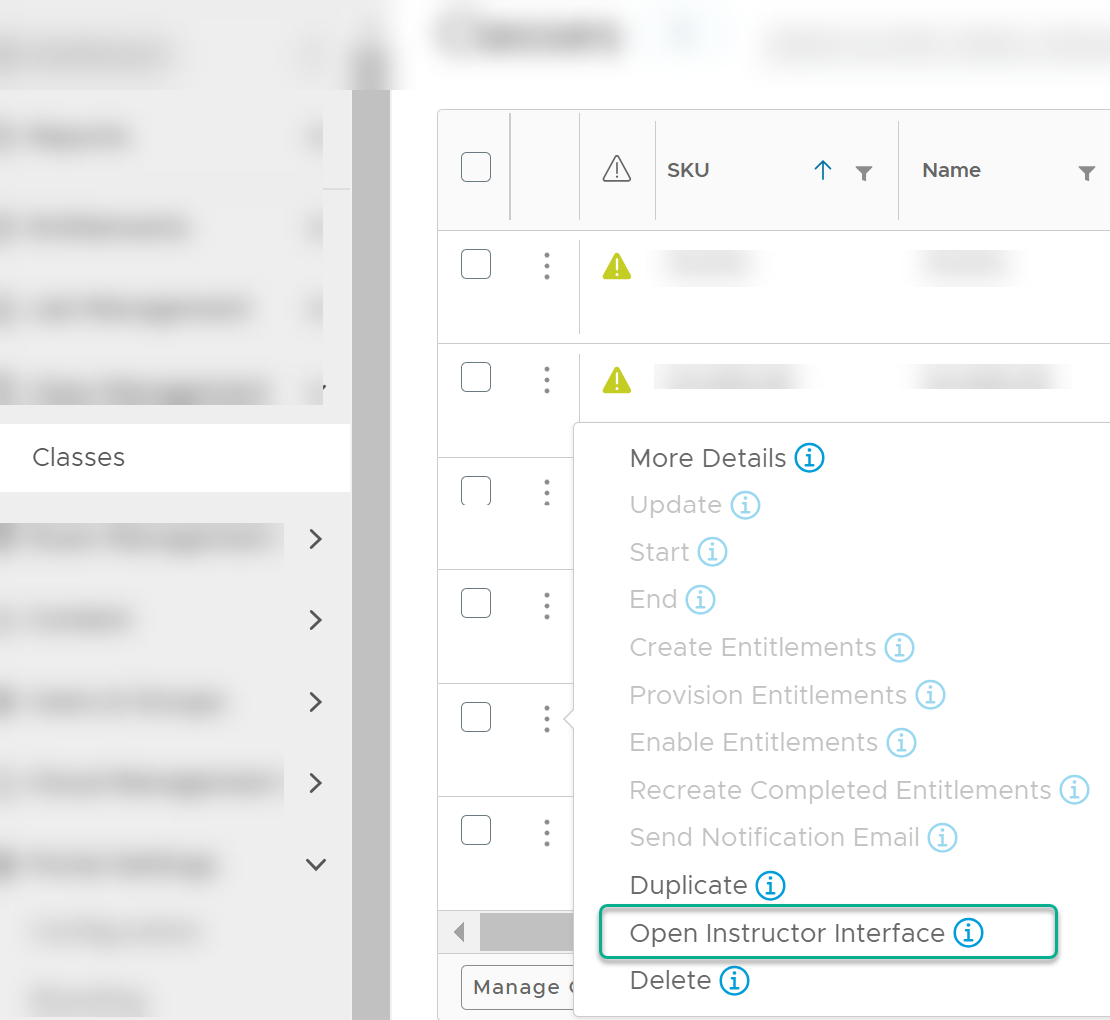 Use the Open Instructor Interface action to open the interface.