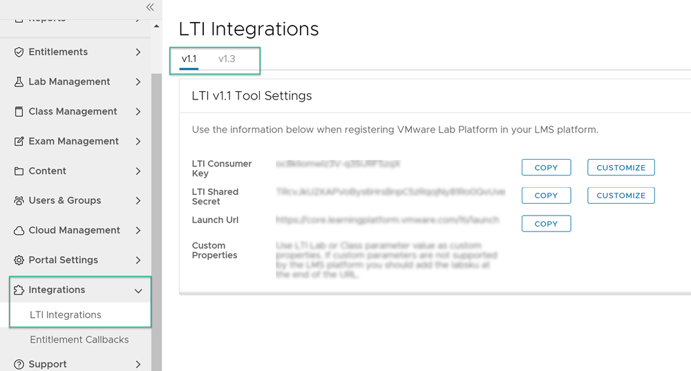 LTI integrations page to add the LTI integration information.