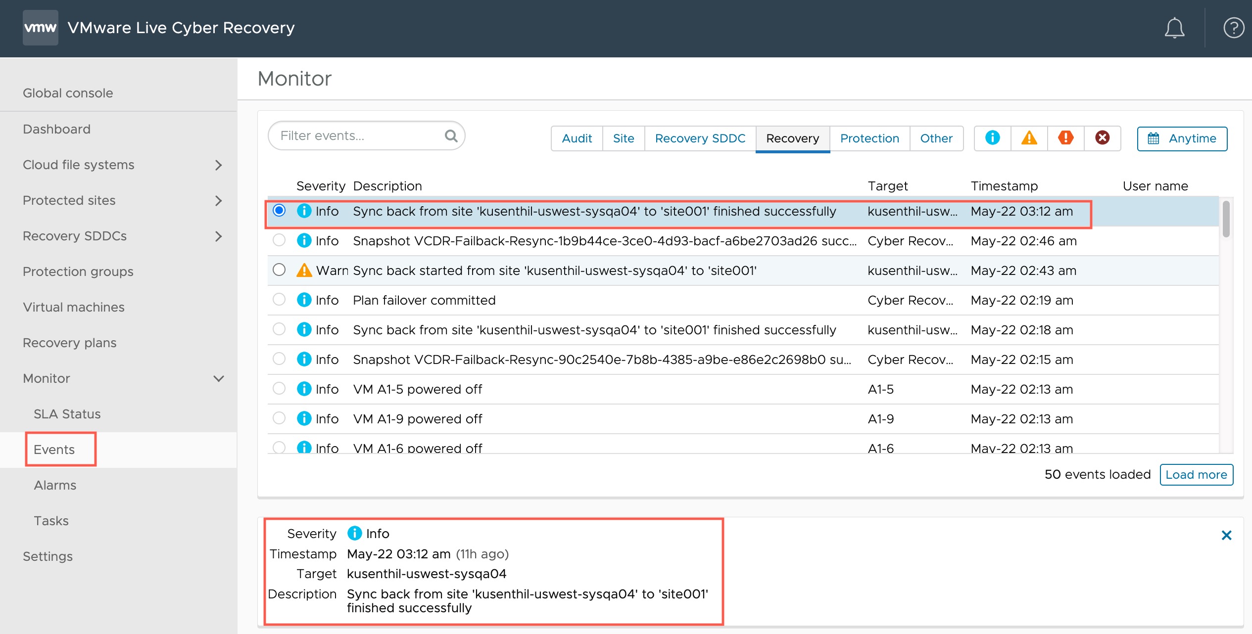 You can view sync back events from the Events page in the VMware Live Cyber Recovery UI.