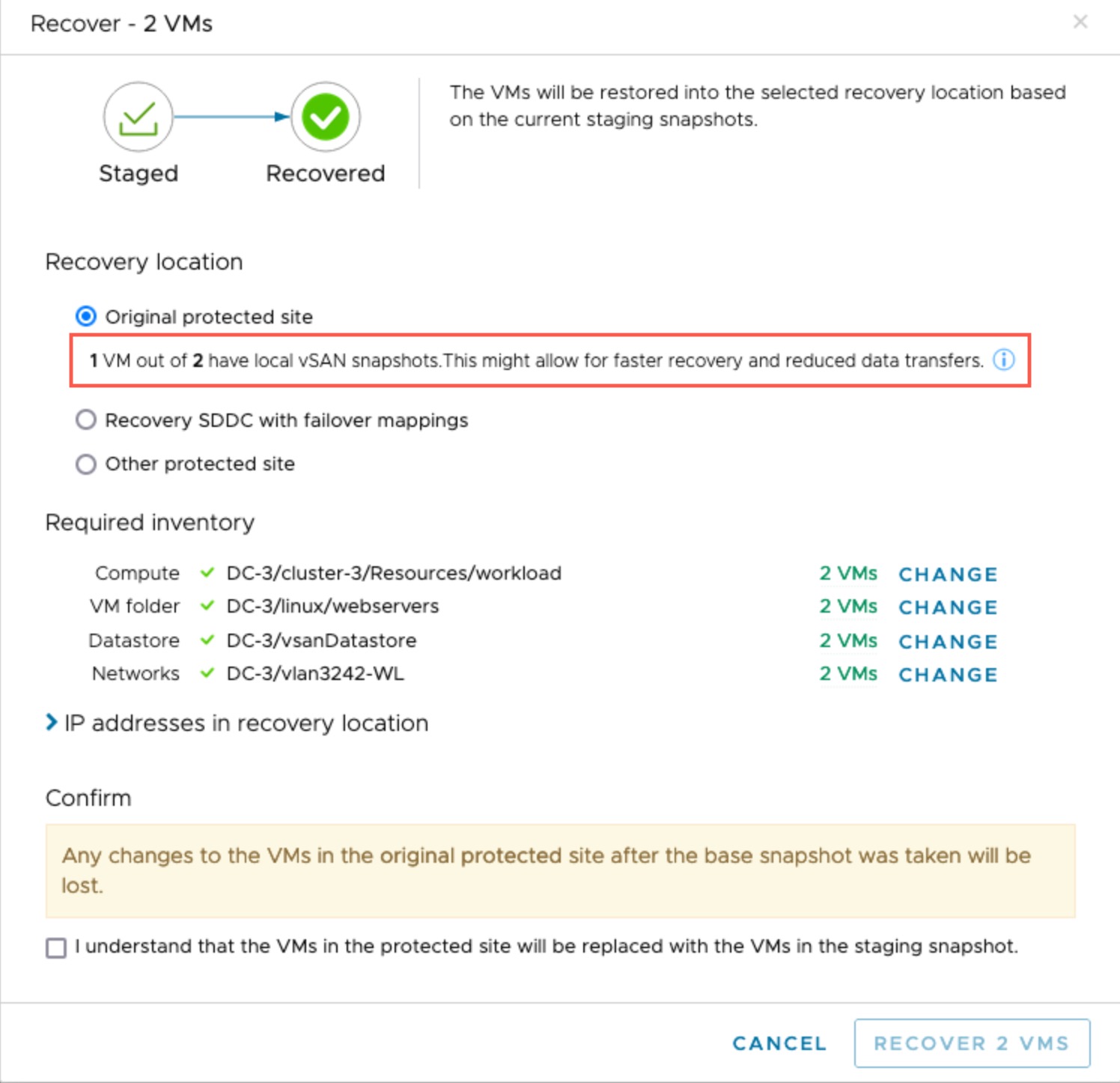 The Recovery VM dialog box indicates if any VMs have local vSAN snapshots and can use Fast Restore during recovery.