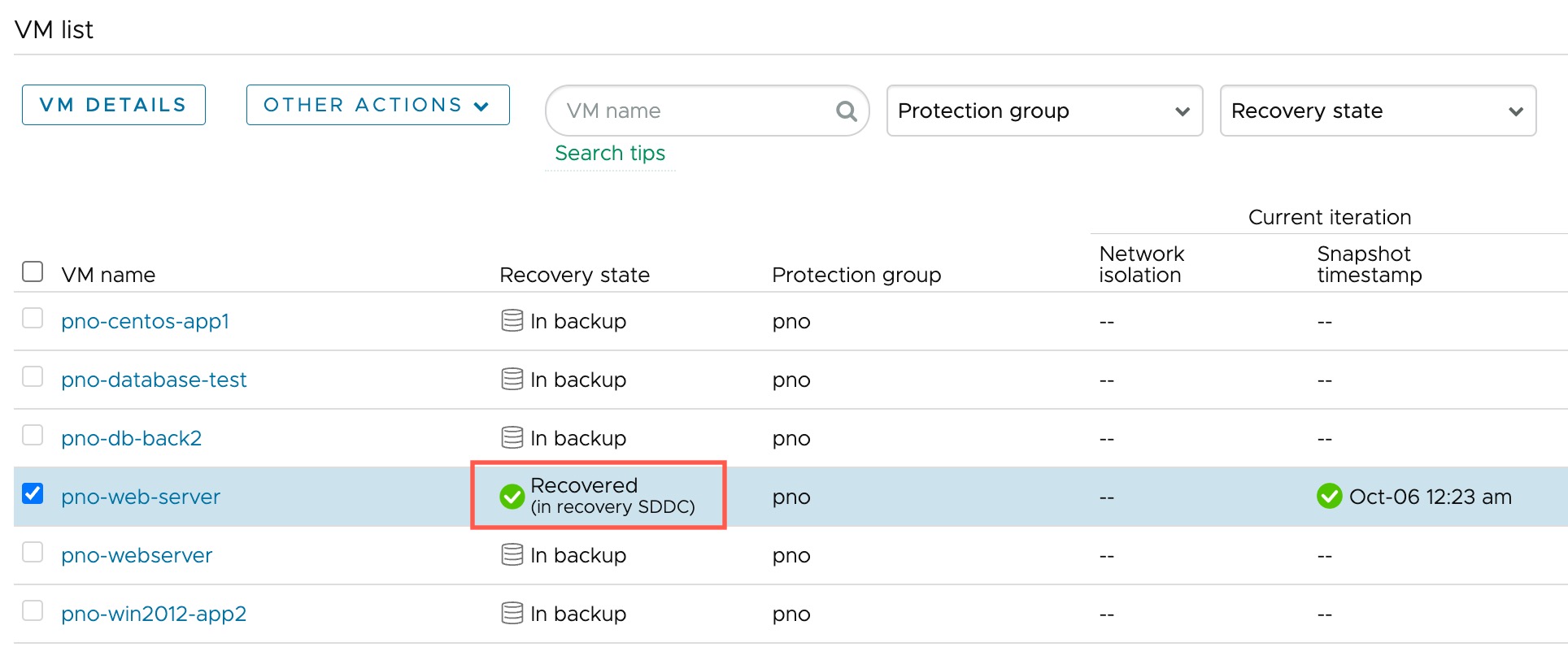 VMs list for a ransomware recovery plan showing VM status as recovered in recovery SDDC.