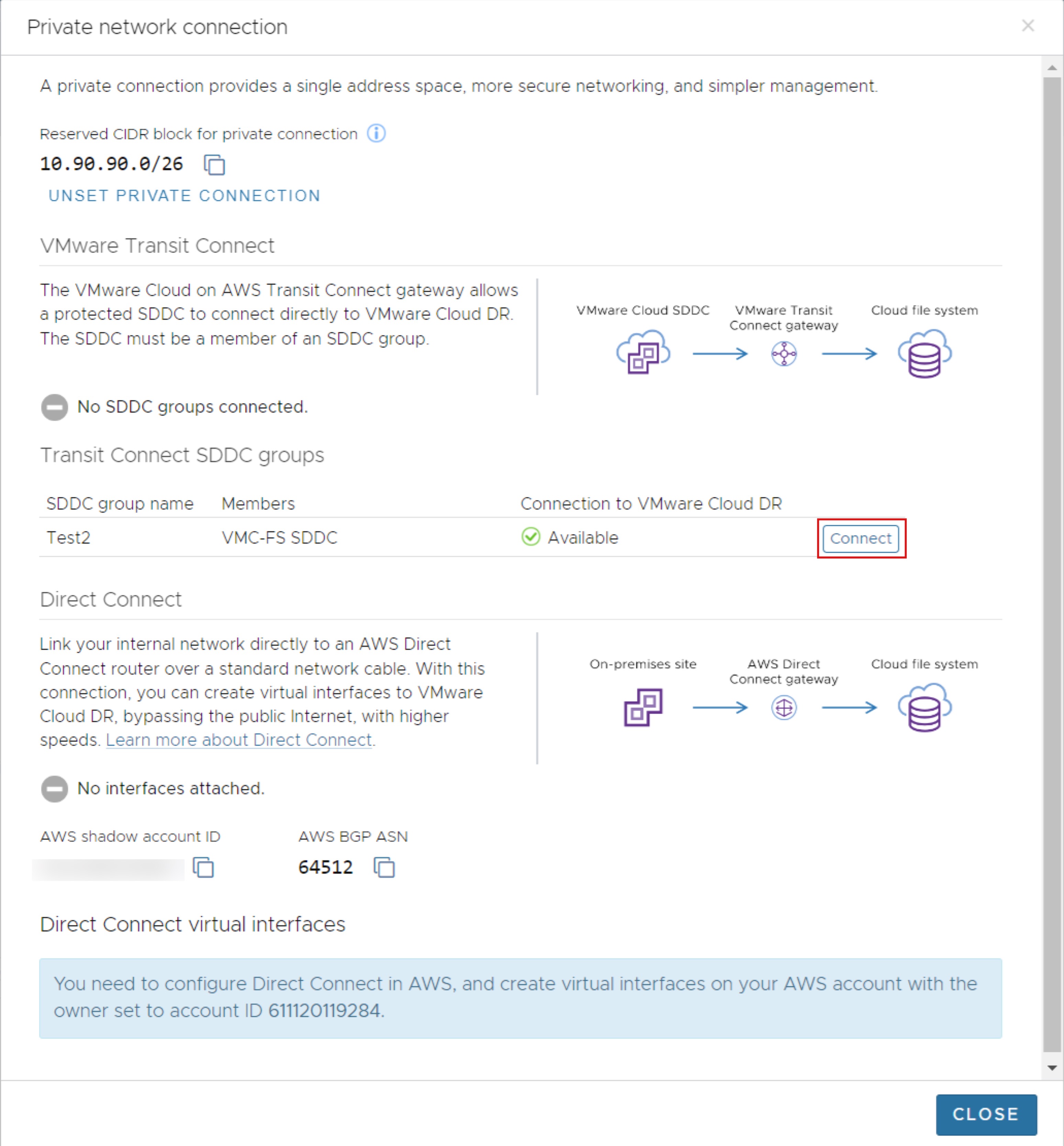 Private connnection dialog box showing Transit Connect Gateway.