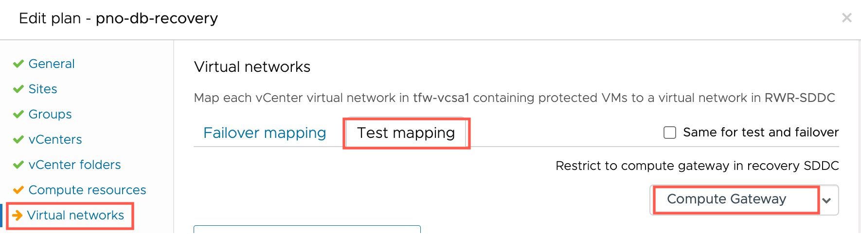 Virtual networks Test mapping tab in a recovery plan used for ransomware recovery a failover test operations.