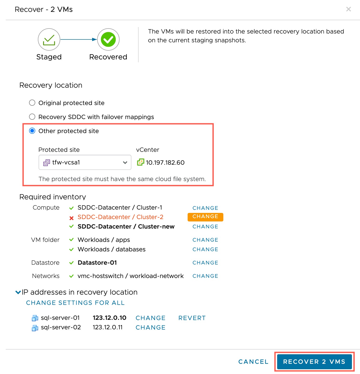 Recovering VMs to another protected site.