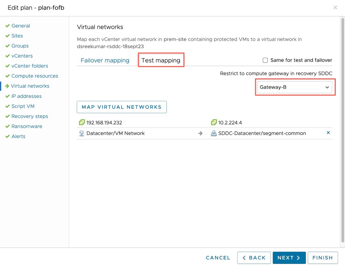 Recovery plan with Gateway B chosen for failover test and for ransomware recovery.