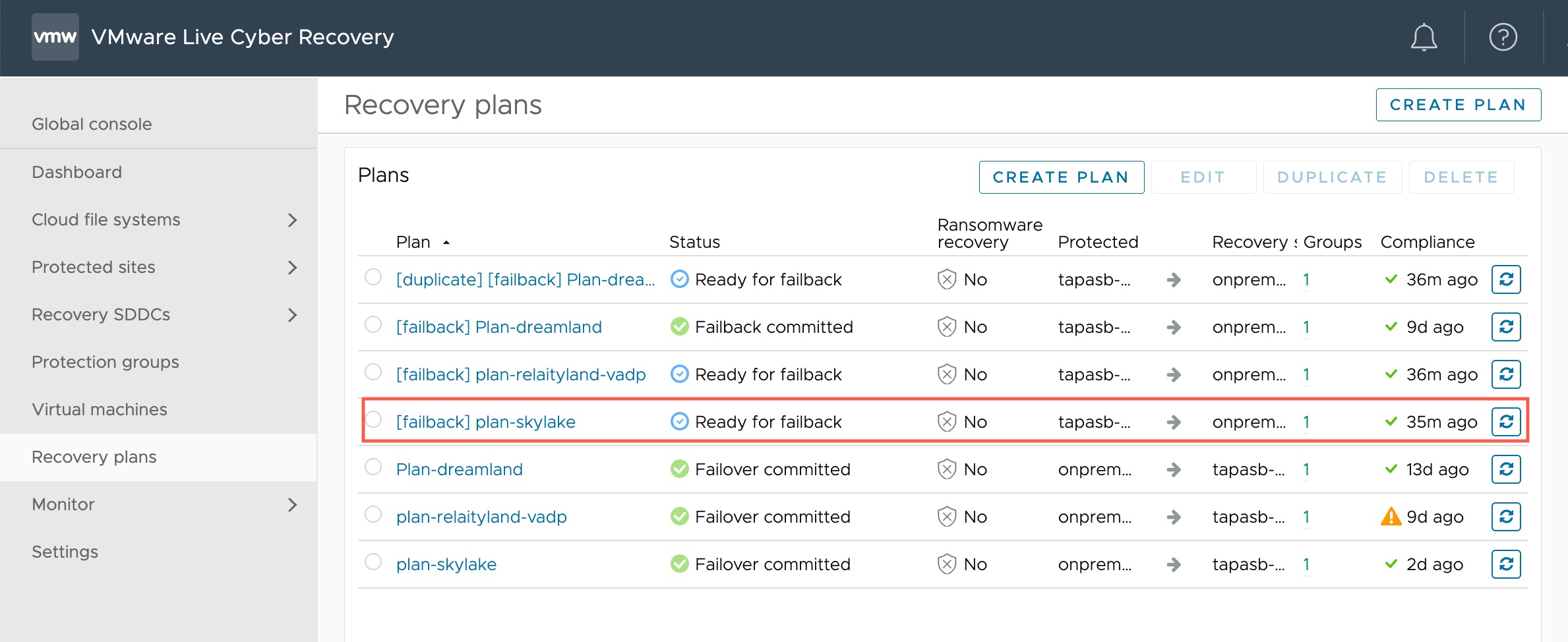 From the recovery plans list, select the plan that is ready for failback.