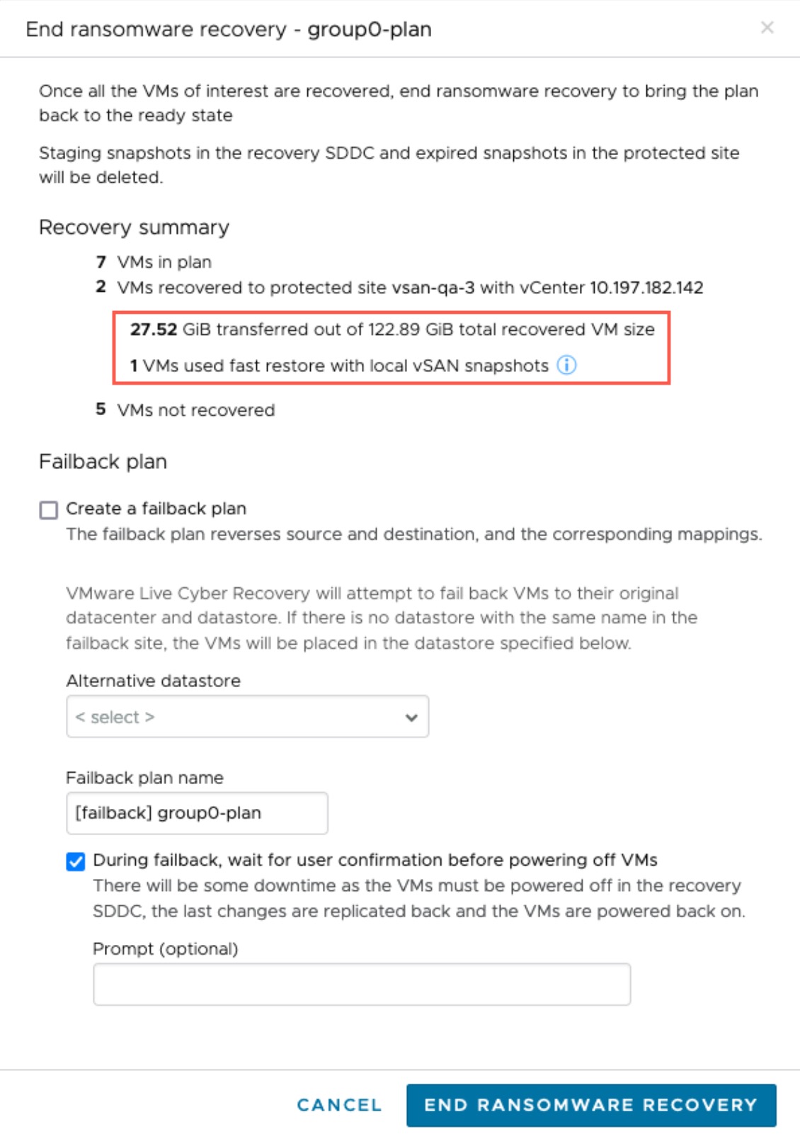 The End ransomware recovery dialog box indicates how much data was transferred during recovery and how many VMs used Fast Restore.