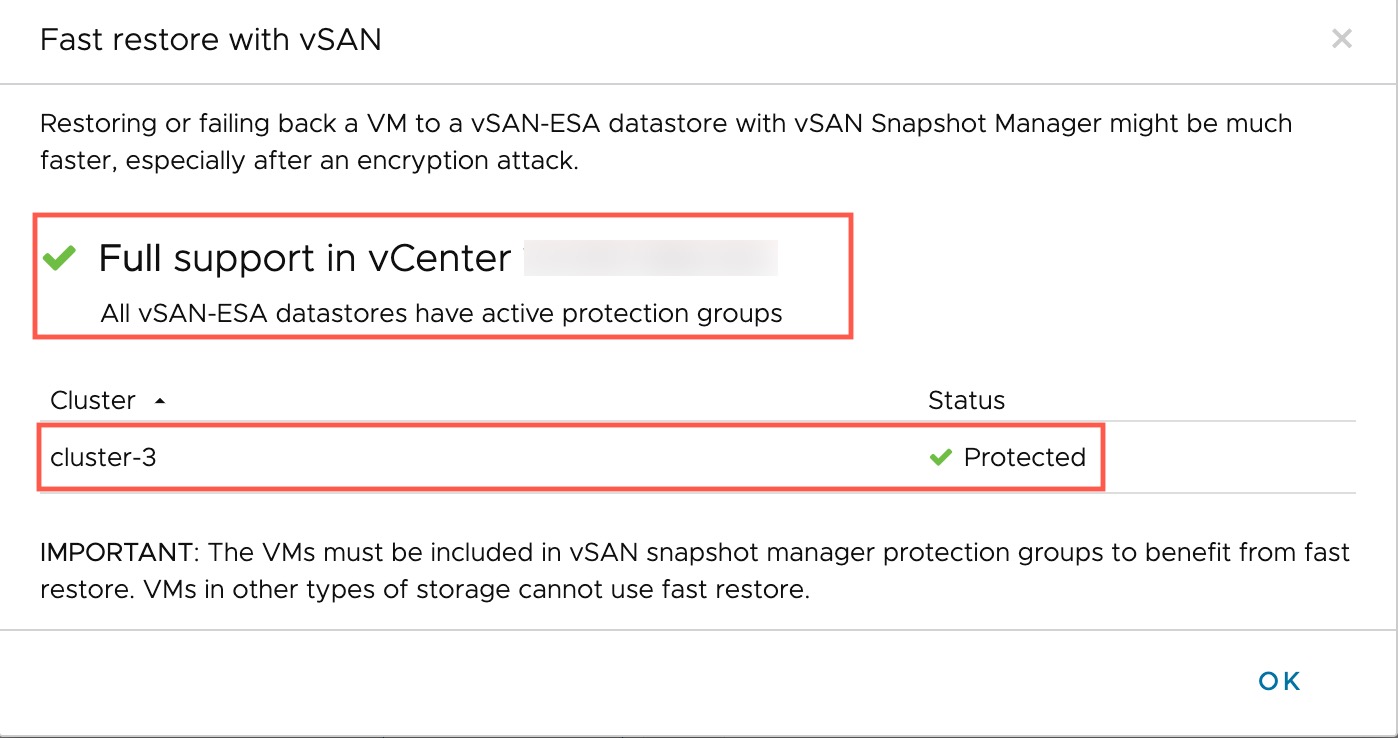 Dialog showing protected site vCenter is compatible with fast restore with vSAN snapshots.