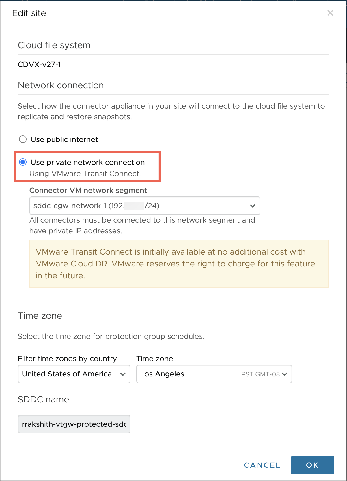 Selecting a private connection for the site.