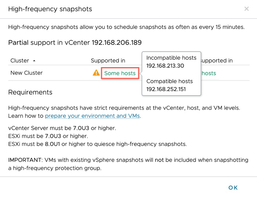 The high-frequency snapshot dialog box shows which hosts on the protected site are compatible with the feature.