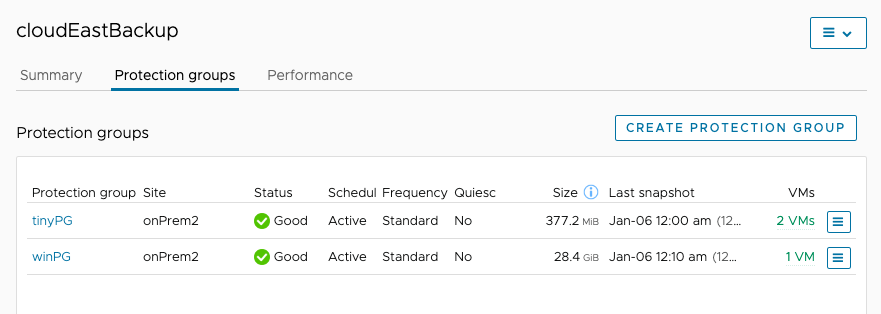 The cloud file system protection groups tab shows all groups that are replicating to this cloud file system.