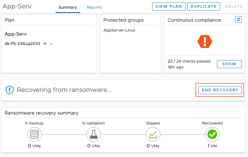 End ransomware recovery button on the Recovery plan page.