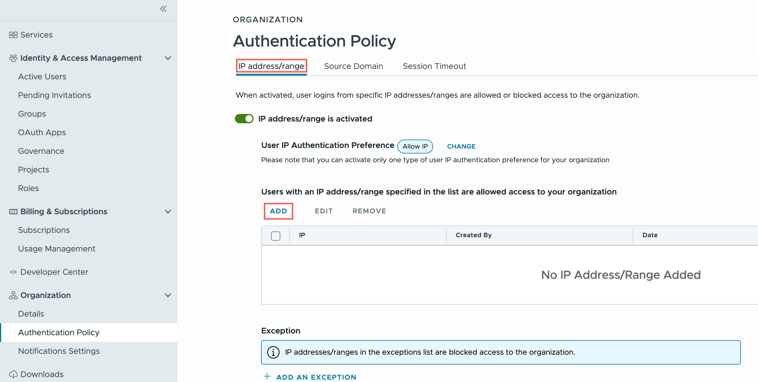 Organization authentication poilicy list 'add an exception' link to add VMware Live Cyber Recovery IP addresses.