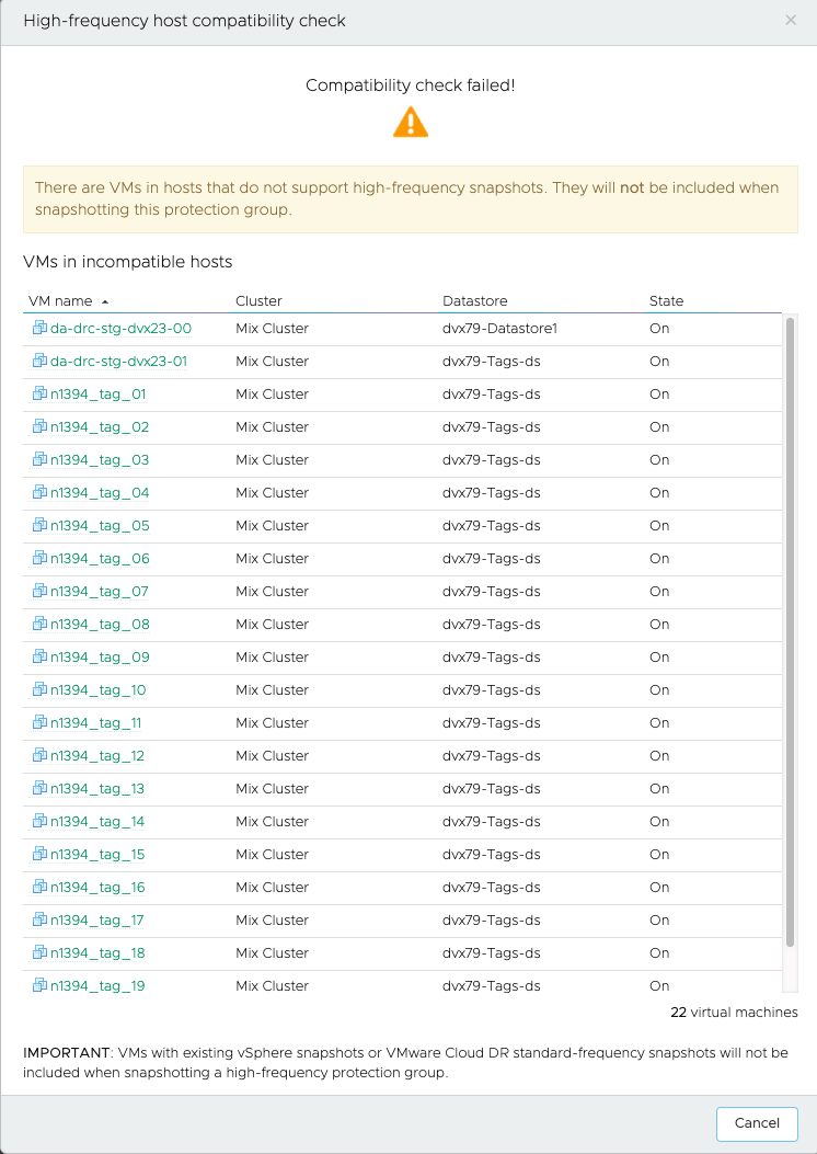 The host compatibility check shows all VMs that are running on hosts that do not support high-frequency snapshots.