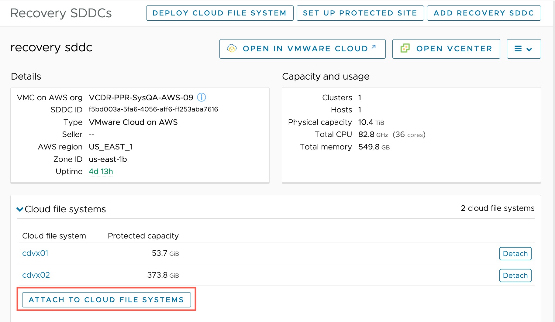 You can attach a cloud file system to a recovery SDDC.