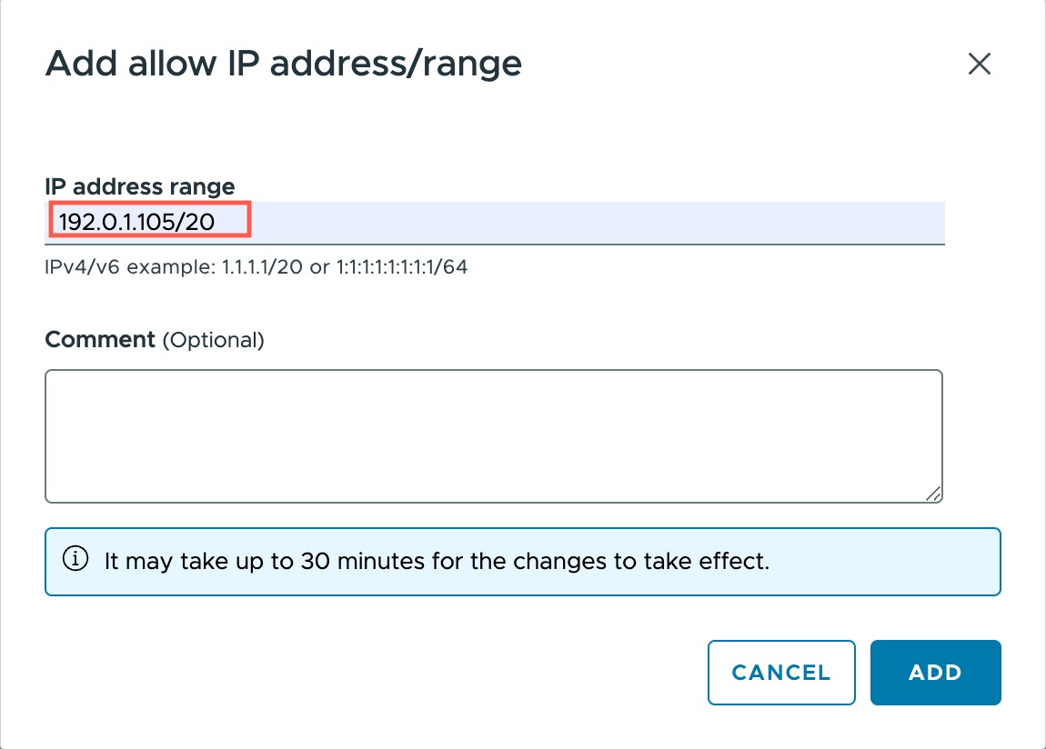 Add dialog box is where you add the VMware Live Cyber Recovery IP addresses.