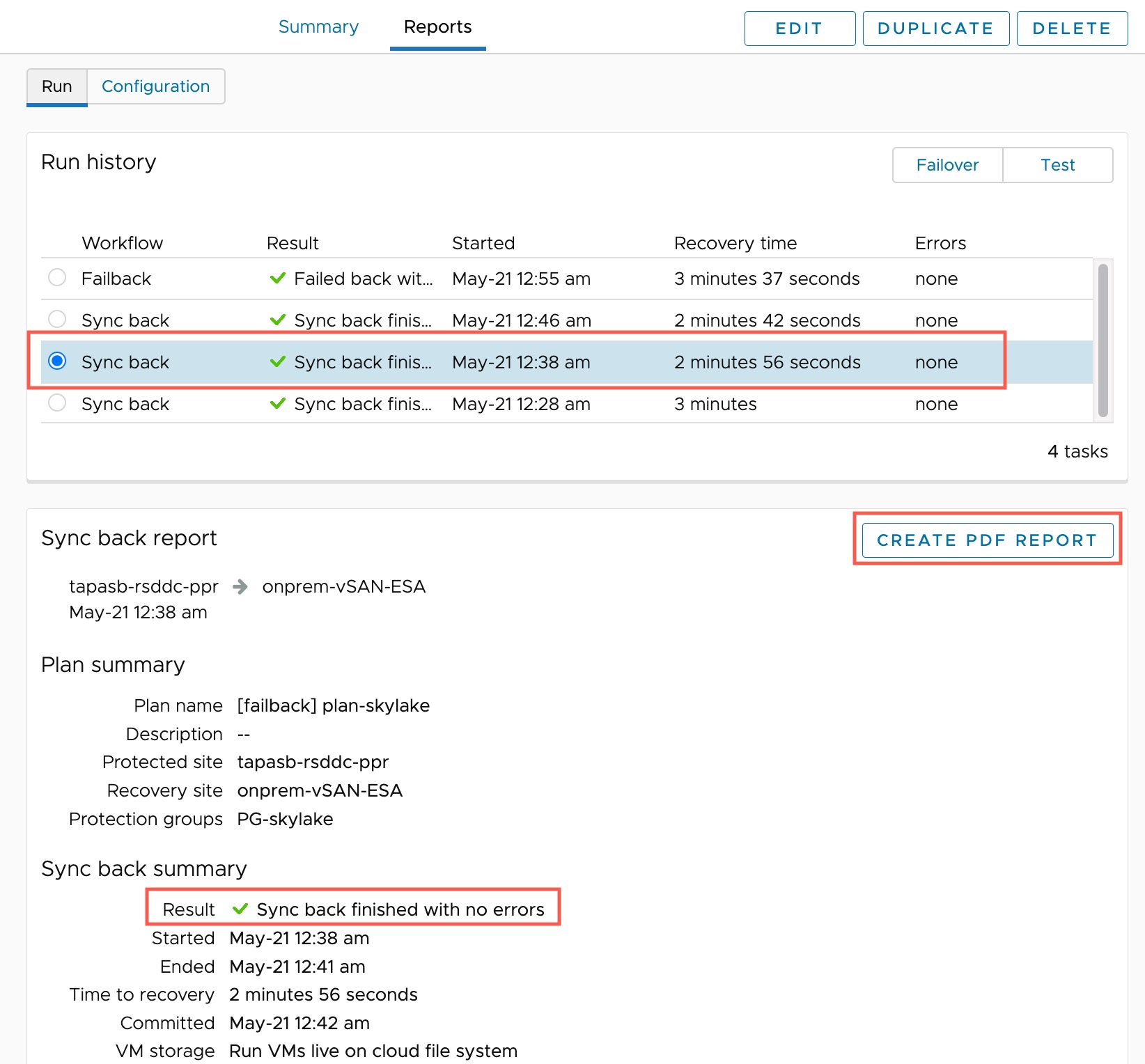 You can generate a PDF report of sync back operations.