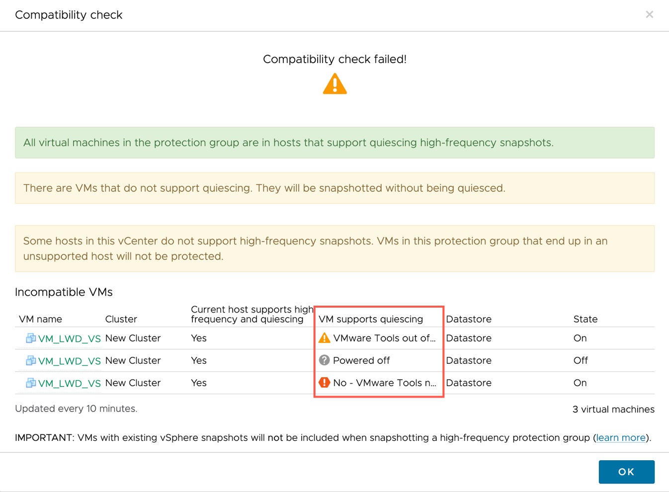 Quiesce compatibility check with results showing 3 VMs that do not support quiescing.