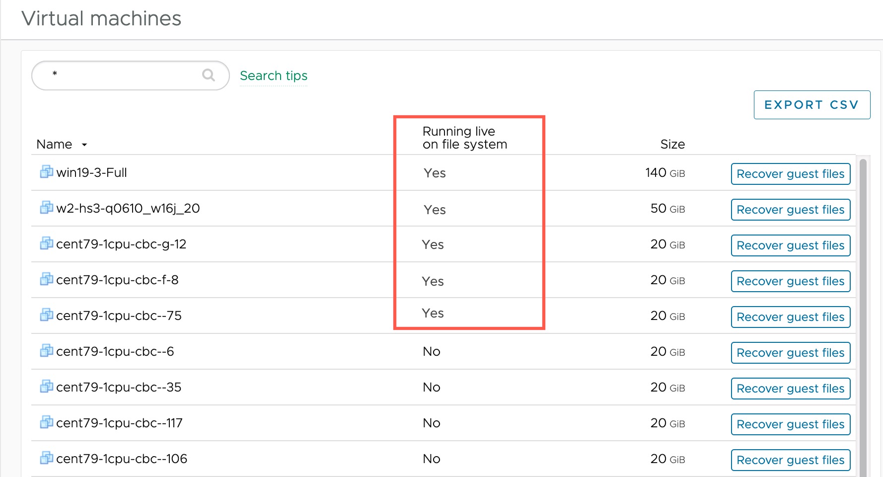 The virtual machines list showing if VMs are running live on the cloud file system.