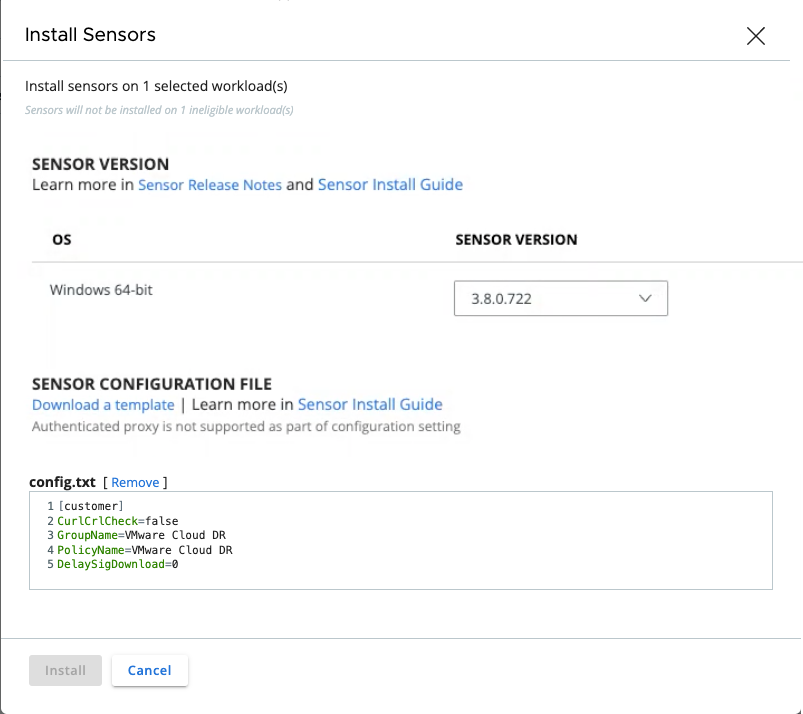 Install sensor dialog box, with uploaded config file.