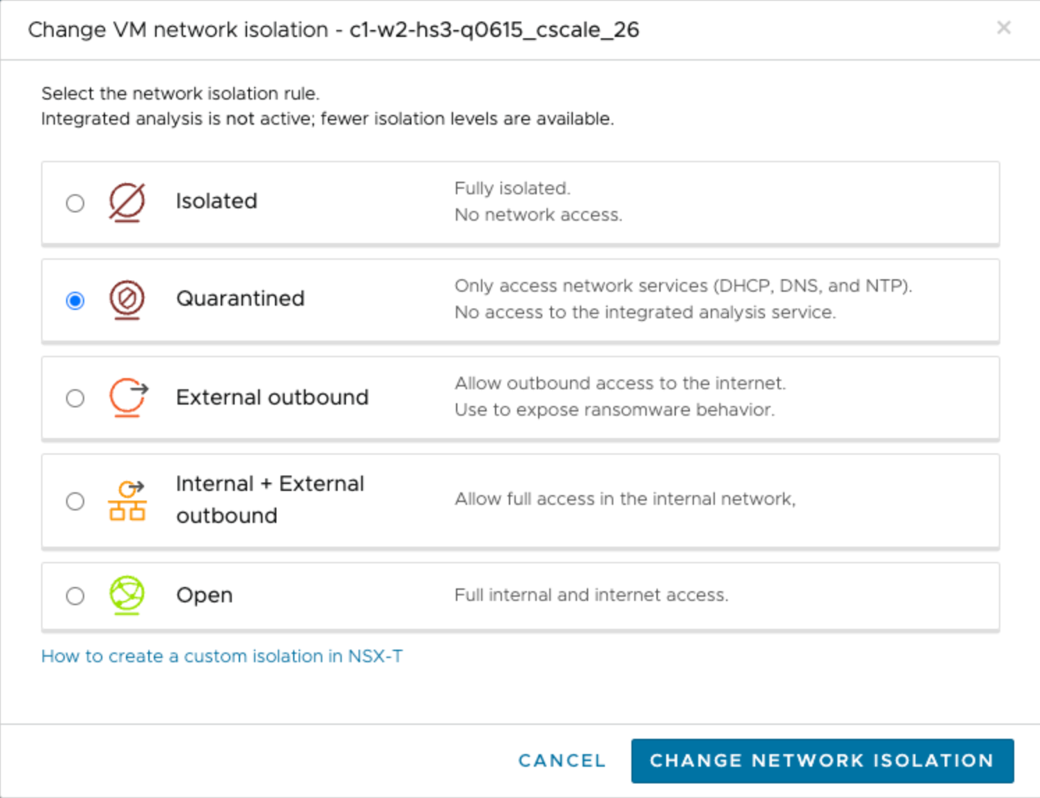 Network isolation level when integrated security and vulnerability analysis is off.