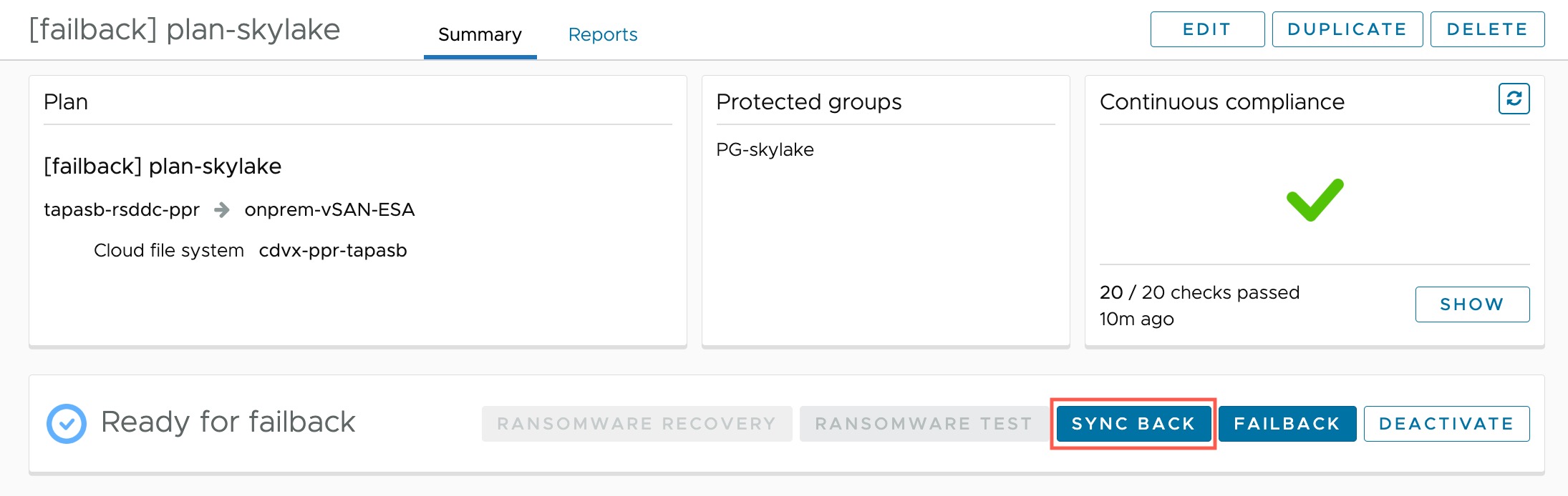 Click the Sync Back button for the failback plan.