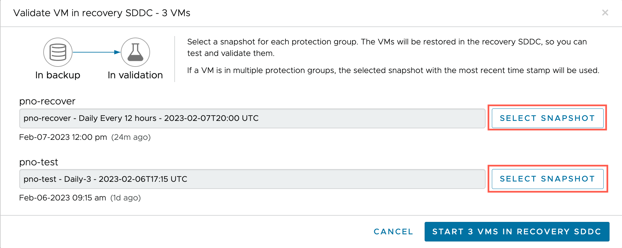 Selecting snapshots when VMs belongs to more than one protection group.