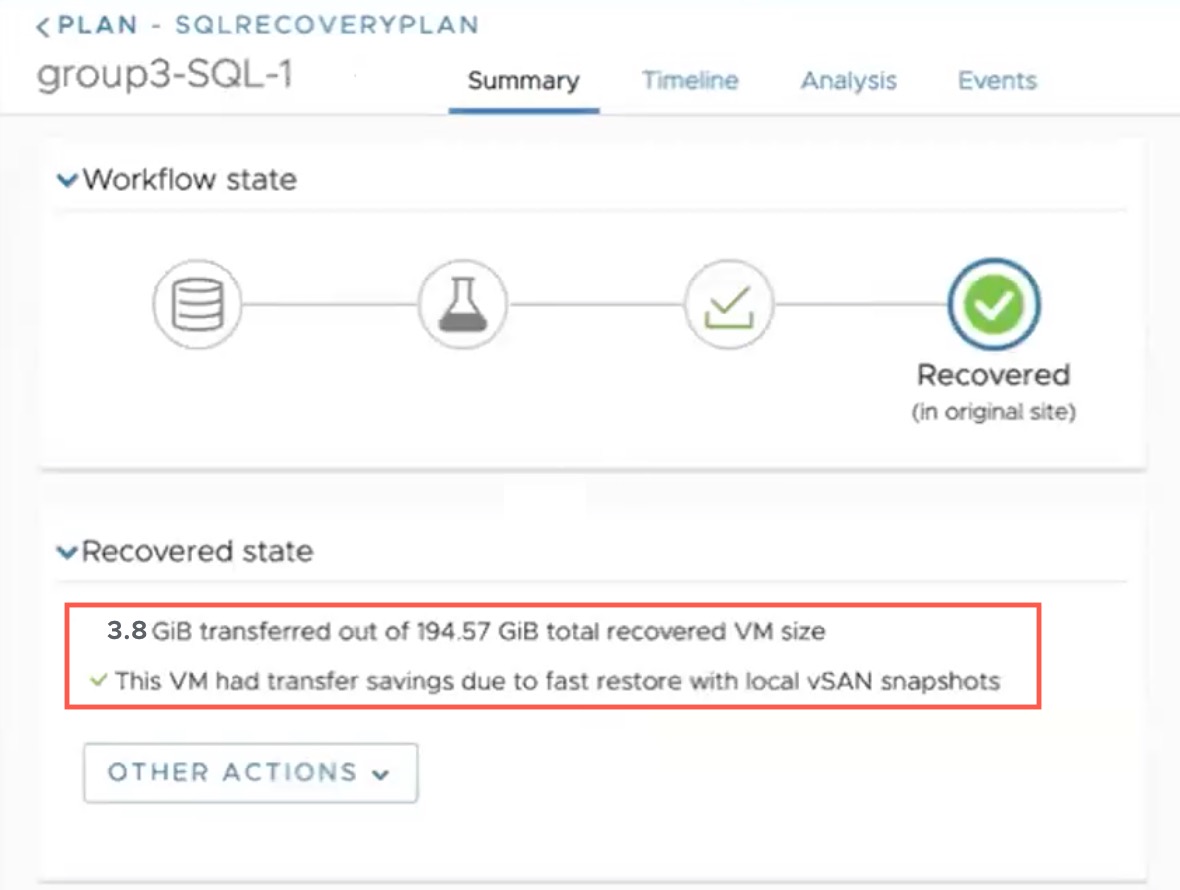 Recovery plan showing data transfered using vSAN fast restore.