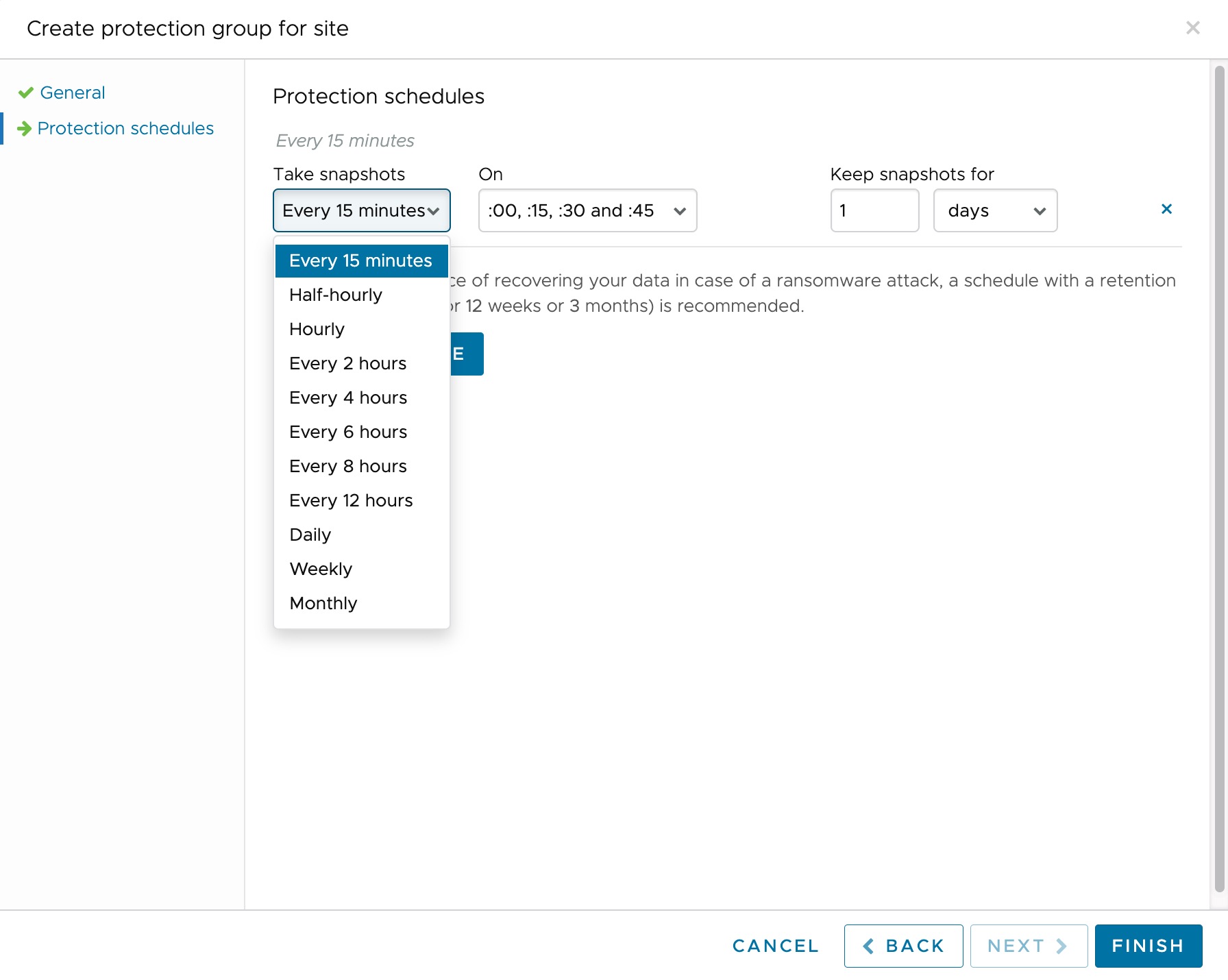 Protection group snapshot schedule for 15 minute RPO.