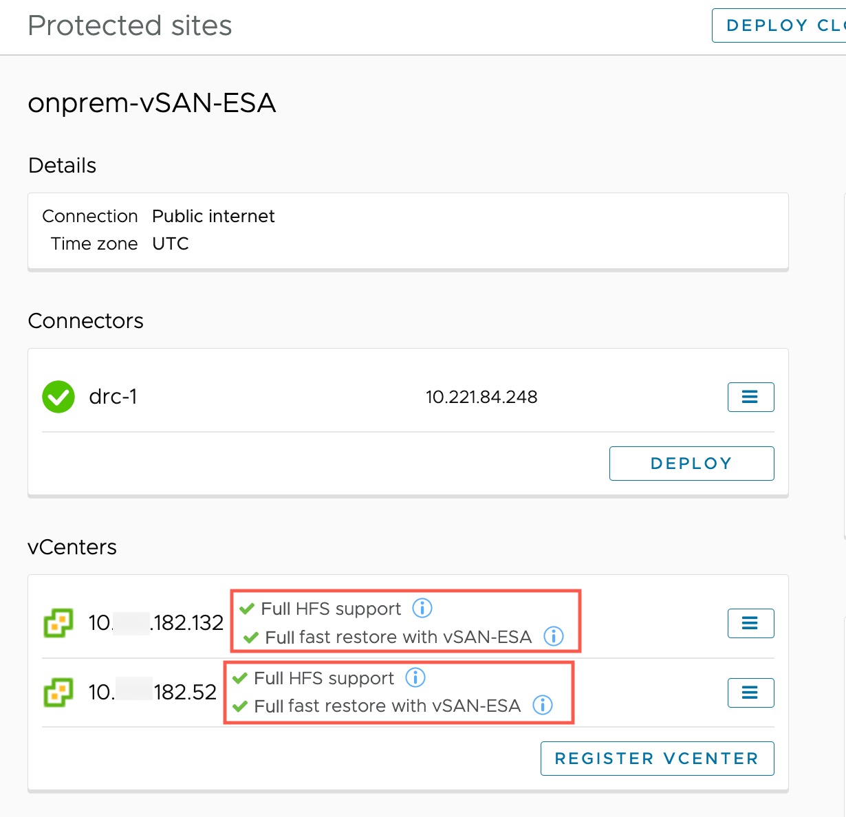 The vCenters panel on the protected site page shows if the site is compatible with fast restore with vSAN snapshots.