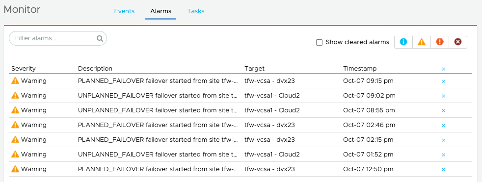 The alarms list shows any issues that require attention.